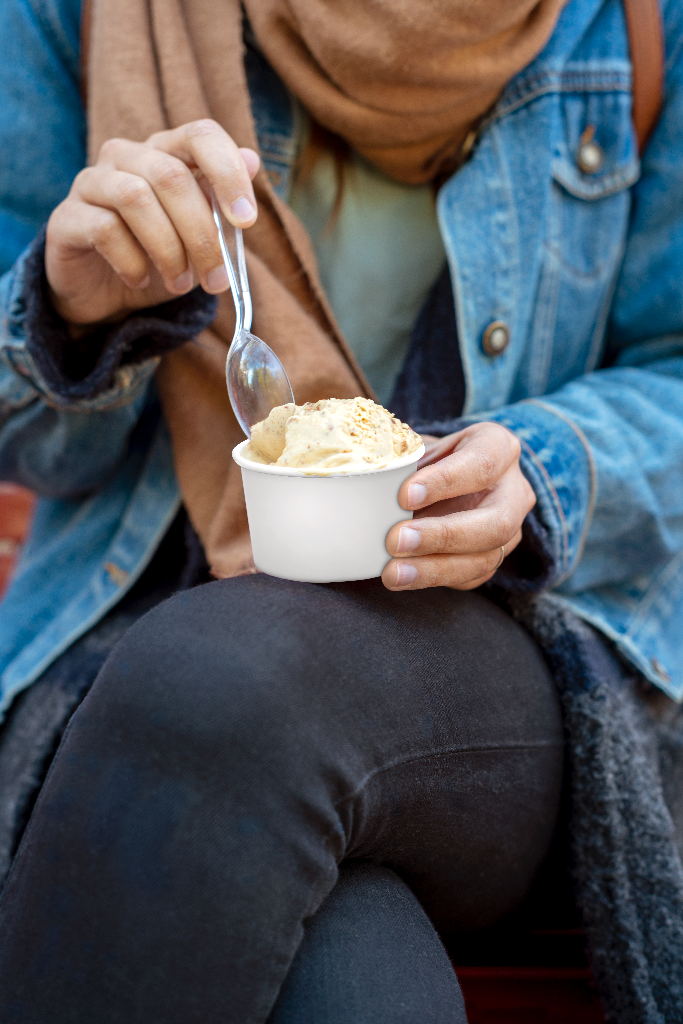 Cup 2043 — Held, with spoon mockup surface