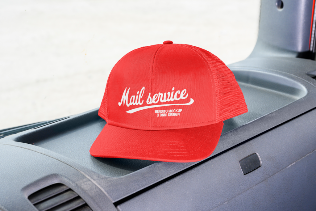 M&B Hat 02 Mockup — Baseball, on dashboard mockup surface