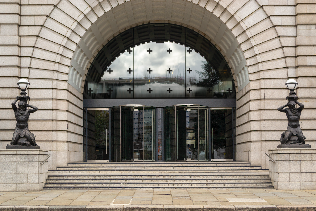 Building 2330 — Entrance, glass mockup surface