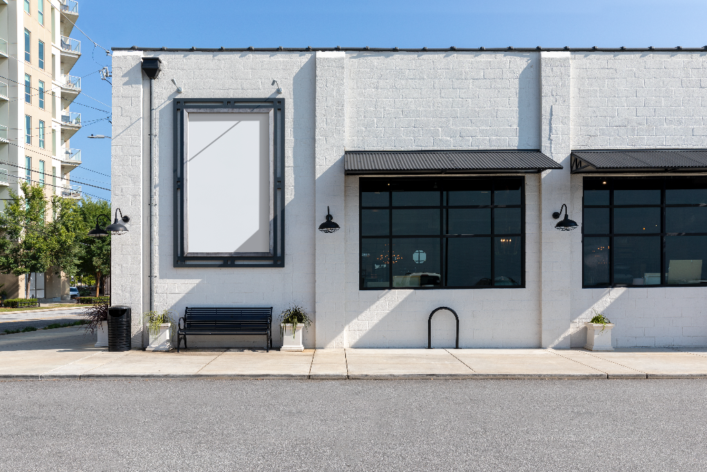 Sign 2045 — On storefront mockup surface