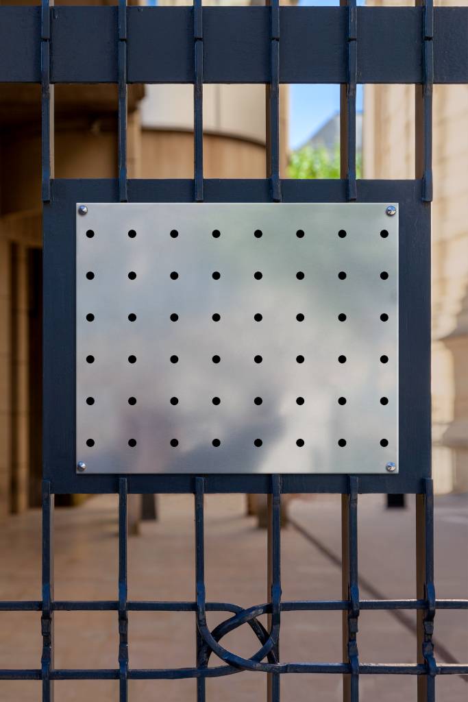 Sign 1923 — Metal, on fence mockup surface