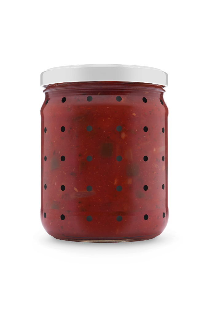 Jar 1341 — Glass, closed, with salsa mockup surface