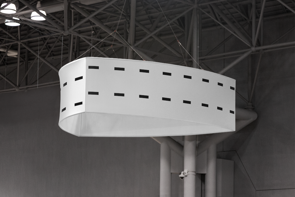 Banner 1568 — Curved triangle, hanging mockup surface