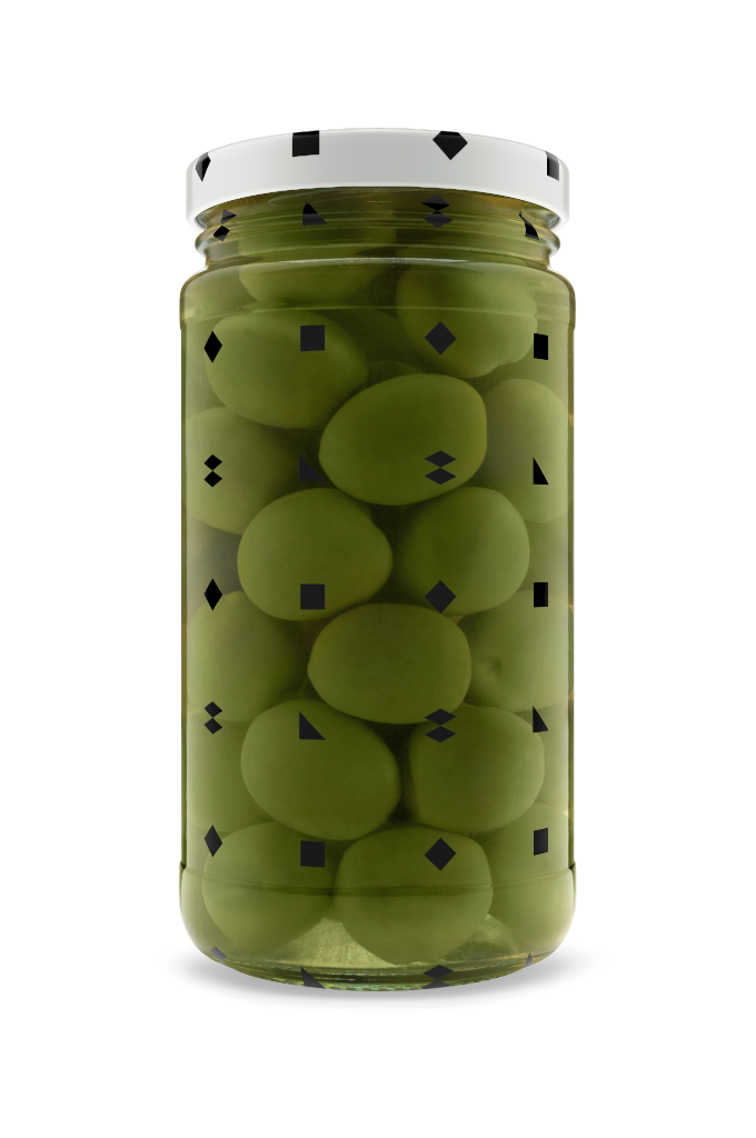 Jar 1335 — Glass, closed, with olives mockup surface
